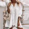 ホワイトセクシーな中空アウト刺繍ミニシャツドレス女性のターンダウンカラーボタン春のドレス2021秋の固体緩いパーティードレスY1006