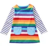 Vår Höst Söt Baby Kids Flickor Stripe Kläder Långärmad Rainbow Dress Party Princess Dress Q0716