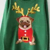 Уродливая новогодняя свитер вышивка мопс собака пуловер трикотажного одежды зеленый потягивание t0n201n y1118