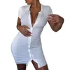 Casual Kleider 2021 Sommer Frauen Mädchen Sexy Kurzarm Taste Gestrickte Einfarbig Dünne Bodycon Turn-down-Kragen Urlaub Club mini Kleid