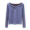 長袖Tシャツの女性春秋の上の縞模様のベースティー女性のカジュアルVネックピンクTシャツプラスサイズ210604