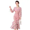 Hösttryck Lång klänning Korea Dam Långärmad Chiffong Sexig Maxi Party Klänningar för Kvinnor Kläder 210602