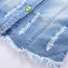 Mudkingdom Ripped Girls Denim Vest Butterfly Sequin Turn-Down Collar Autumn Jacket Kids Jean for Sparkly Clothes 210615