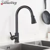 Saeuwtowy Rubinetto nero opaco Installazione sul piano Lavello con sprinkler Cucina estraibile Lavabo girevole a 360° 210719