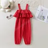 Baby Mädchen Einteiler Strampler Kleidung Overall Rüschen Neckholder Bodysuit rot