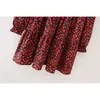 Frauen Vintage Falten Rote Blume Drucken Minikleid Weibliche Langarm Casual Vestidos Chic Süße Rüschen Chic Kleider DS3045 210303
