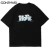 Gonthwid Tees Shirts Harajuku Bordado Esperança Patch Tshirts Streetwear Casual Manga Curta Hip Hop Algodão Solto Tops 210706