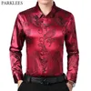 Wijn Rood Smooth Silk Satin Shirt Mannen Chinese Dragon Jacquard Mens Slim Fit Lange Mouw Button Down Jurk Shirts Chemise 4XL 210721