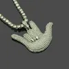 Hip Hop Rocker Jewelry Full Rhinestone Rock Gesture ILY Love & Peace Sign Hand Pendant Necklace For Men Party Gift