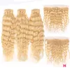 613 Blond Human Hair Buntar med Lace Frontal Öron Till Ear Peruvian Virgin Hair 3pcs med frontal stängning Rak kroppsvåg Deep Cur