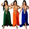 V Neck Sexy Slim Elastic Waist Maxi Dress Vintage Print Lace-Up Backless Long Elegant Halter Sleeveless Party Women 210525