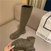 Stivali MONMOIRA tacco grosso lungo al ginocchio Sretch PU calzino donna 2021 verde militare punta rotonda equitazione Thich scarpe da donna