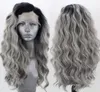 Ombre Grijze Lace Front Pruik Met Donkere Wortels Hittebestendige Body Wave Synthetische Pruiken Voor Zwart/Witte Vrouwen