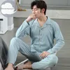 Spring Autumn Knitted Cotton Long Pajama Sets Plaid Sleepwear PJ Pyjamas Men's Sleep & Lounge Home Fashion 210901