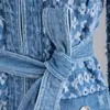 Twotyle vintage blå denim jacka med bälte midja rippade hål kvinnor kappa höst långärmade fickor streetwear 211109