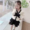 Kızlar Siyah Yay Hırka Kazak Yürüyor Kız Güz Elbise Sonbahar Güz Toddler Kıyafetler Çocuk Kış Kazak Çocuk Kış Giysileri 211106
