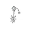 14G Dangle Flower Belly Button Rings for Women 316L Surgical Steel Clear CZ Barbell Piercing Reverse Curved Navel Ring Body Jewelry