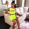 Simenual Neon Color Women Two Piece Set One Shoulder Casual Tracksuits Cut Out Crop Top And Biker Shorts Sets Sporty Active Wear Y0702