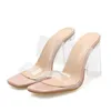 Tofflor 2021 Plus Storlek 42 Kvinnor 10cm Högklackat Slides Genomskinliga Mules Lady Fetish Sandals Chunky Naken Clear Block Summer Shoes