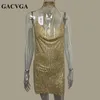 Gacvga 2020 Kristal Metal Halter Shining Yaz Elbise Kadınlar Plaj Elbise Pullu Mini Seksi Parti Elbiseler Vestidos X0521