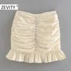 Zevity femmes diamant bouton décoration plissée mince jupe faldas mujer dames dos fermeture éclair robe chic ourlet volants jupes QUN675 210303