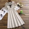 Fashion Striped Short Sleeve A-line Women Dress Summer Vintage Bow Knee-Length Flare Sleeve Chiffon Dress Lady 4851 50 210527