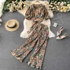 Women Summer Bohemian Floral Set V Neck Puff Sleeve Short Tops+High Waist Pleated Wide Leg Long Pants Two Pieces Suits 210819