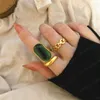 Vintage Geometric Oval Hollow Emerald Golden Metal Chain Opening Adjustable Rings for Women Girls Jewelry