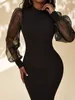 SXY Kontrast-Mesh-Kleid mit Laternenärmeln und Stehkragen, figurbetontes Kleid SIE