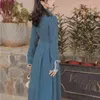 Yosimi Corduroy Blue Dres Spring Elegant Fit et Flare Peter Pan Collier mi-mollet Robes à manches longues Vintage 210604