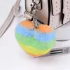 Heart Shaped Plush Keychains Pendant Creative Rainbow Stitching Imitation Rabbit Fur Keychain Luggage Decoration Keyring Key Chain