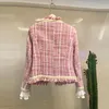 Jaquetas femininas de alta qualidade rosa xadrez feminino tweed sobretudo 2022 primavera borla miçangas manga longa jaqueta casaco moda passarela casacos