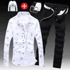 Spring Autumn Men's Long Sleeve Shirt Cotton Blends Jeans Pants 2pcs Set Casual Style Printing White Sky Blue Male Clothes X0287q