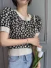 Floral Knitwear Kvinnors Design Nisch Slim Fit Bubble Sleeve Fresh Blue Short Sop Summer 210529