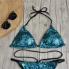 Dames badmode dames massief kleur zwempak 2022 pailletten bikini set driehoek verbanden cortex lage taille sexy verkoop strandkleding