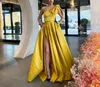Élégant jaune une épaule arc robes de bal avec poches 2021 sexy côté haute fente une ligne longue robes de soirée formelles robe de soirée robes