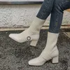 Allbetefoニットウール+純正レザーレディースブーツ秋ファッション女性ホワイトハイヒールの靴女性ヒールシューズアンクルブーツ210611