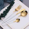 24pcs / 세트 미러 골드 칼 붙이 세트 18/10 스테인레스 스틸 식기류 Silverware Flatware 세트 저녁 식사 나이프 포크 스푼