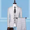 Nya tre bitar Kontrollera kostym för män Bröllop skräddarsydda High Design Bankett Male Blazer Skinny Plaid Herr Vest Jacka Fashion Style X0909