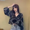 Moda vita alta corta in chiffon top inverno designer donna manica a sbuffo camicette floreali casual ufficio abbigliamento coreano donna 210604