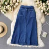 Women's Denim Skirt Spring Fashion Belted High Waist Pockets Front Split Mid-calf Casual Female Jeans 210603