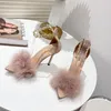 Sandals Summer Women Fur Sexy Open Toe Furry Thin High Heels Metal Chain Ladies Dress Party Shoes Female 35-41