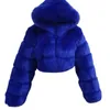 レディースジャケットドロップ!!レディースファッション冬フェイクファークロップドコートふわふわジップフード付き暖かいショートジャケット