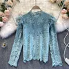Ins Lace Shirt Lady Fashion Stand Neck Hollowed-out Long-sleeved Autumn and Winter Solid Color Elegant Blouse Tops Q175 210527