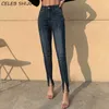 Taille haute Skinny Jeans Stretch Bleu Foncé Denim Vêtements Femme Crayon Pantalon Plus Split pour Femme Pantalon D'été 210915
