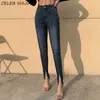 Alta cintura jeans skinny estiramento escuro azul denim roupas femininas lápis calças mais split para mulher calças verão 210915