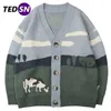 TEDSN Oversize Streetwear Loose Cardigan Pullover Men Women Hip Hop Knitted Sweater Male Cow Pattern Harajuku Fashion Coat 211109