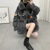 Women's Fur & Faux Denim Jacket With Collar Winter Women Parka Real Patchwork Raccoon Dog Coats Coat Natural Female