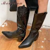 Meotina Véritable Cuir Talon Haut Bottes Bottes Western Bottes Femmes Chaussures Bout Pointu Talons Épais Bottes Longues Lady Automne Marron 40 210608