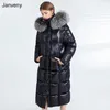 Janveny Brillant Imperméable Long Puffer Doudoune Femmes Grand Réel Fourrure De Raton Laveur À Capuche Hiver Duvet De Canard Manteau Femme Lâche Parkas 211108